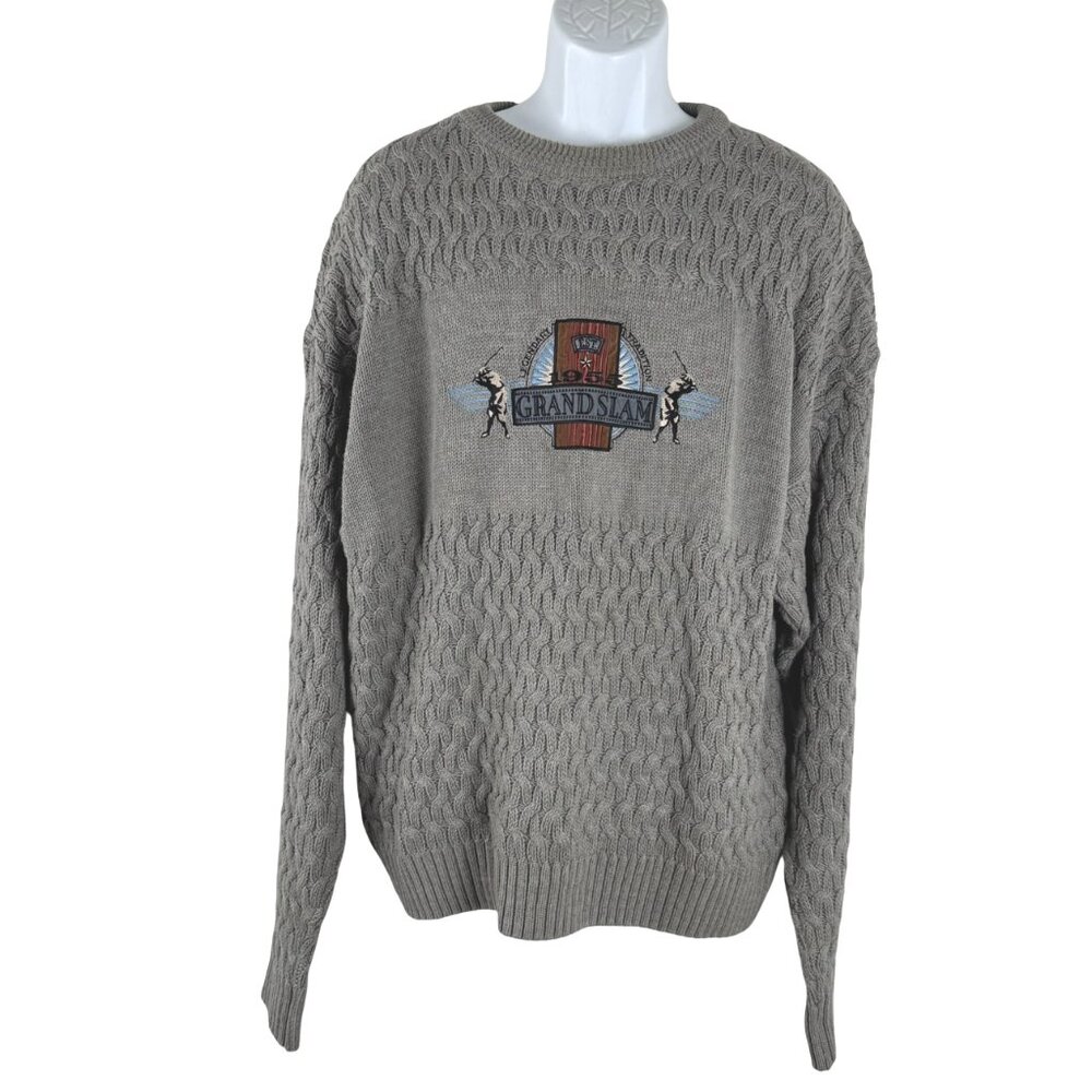 Grand Slam Golf Sweater Mens Large Gray Cable Knit Embroidered Oversized FS-1375